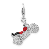 Sterling Silver Motorcycle Charm Pendant with Red and Black Enamel, 3D Biker Jewelry