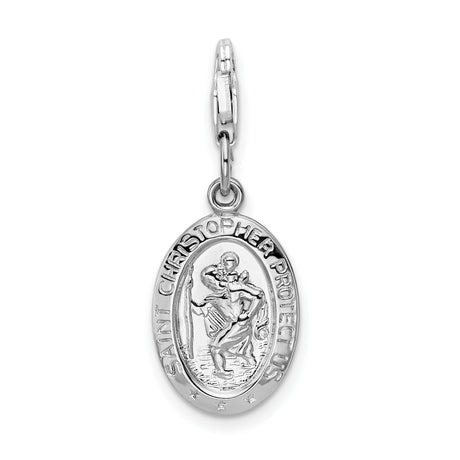 Saint Christopher Protect Us Words Oval Clip-On Charm Pendant in Real 925 Sterling Silver