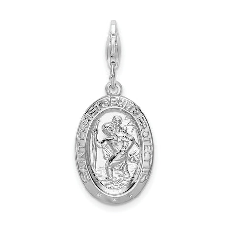 Saint Christopher Protect Us Words Oval Clip-On Charm Pendant in Real 925 Sterling Silver