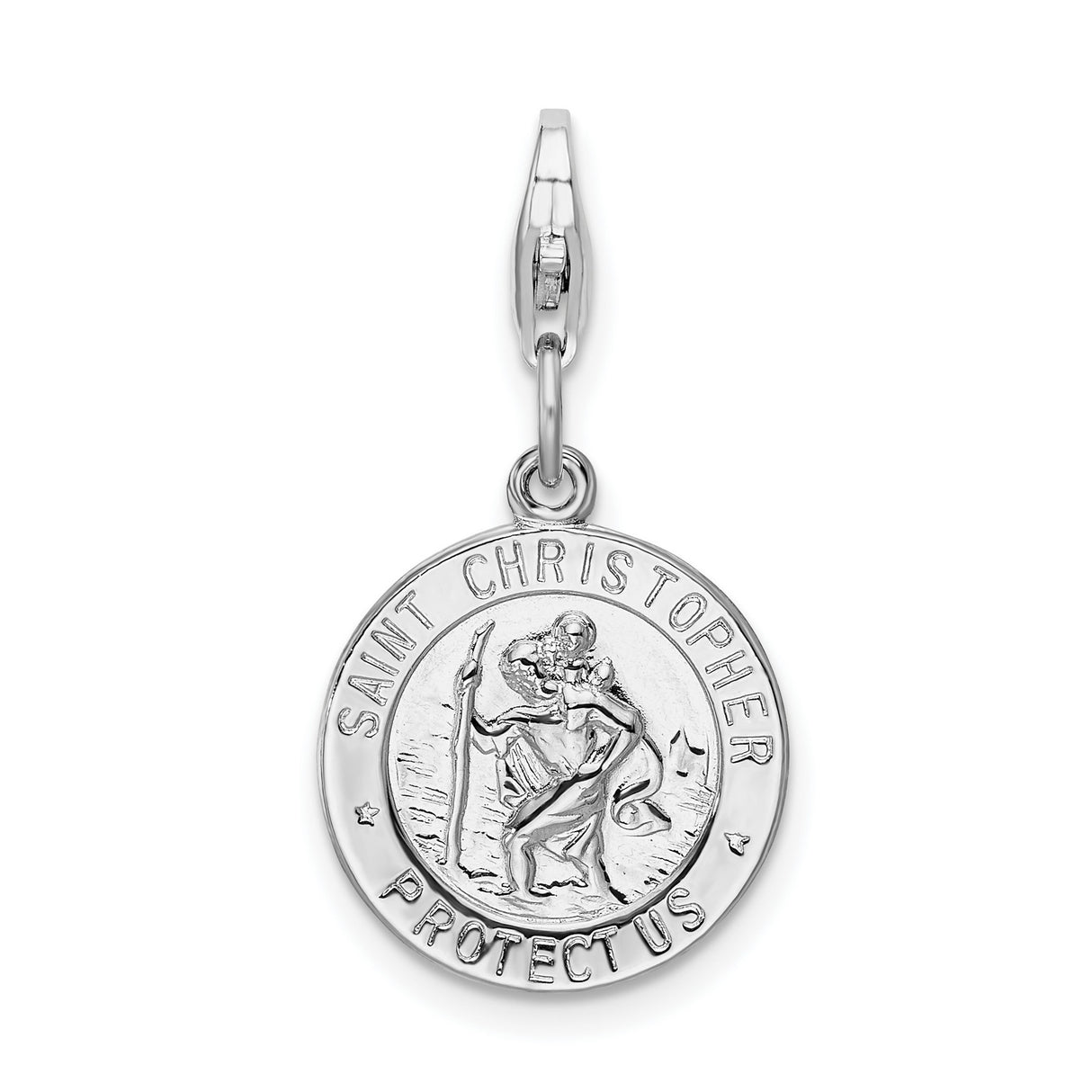 Saint Christopher Protect Us Words Round Clip-On Charm Pendant in Real 925 Sterling Silver