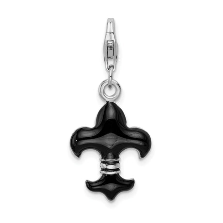 Sterling Silver Fleur-de-Lis Charm Pendant with Black Enamel Detailing