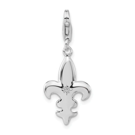 Sterling Silver Fleur De Lis Pendant with Cubic Zirconia, French Heritage Catholic Charm