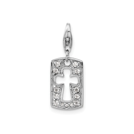 Sterling Silver Cross Pendant with Cubic Zirconia, Modern Dog Tag Style Religious Jewelry