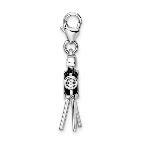 Sterling Silver Movie Camera Charm with Black Enamel and Cubic Zirconia, Vintage Filmmaker Theme