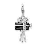 Sterling Silver Movie Camera Charm with Black Enamel and Cubic Zirconia, Vintage Filmmaker Theme
