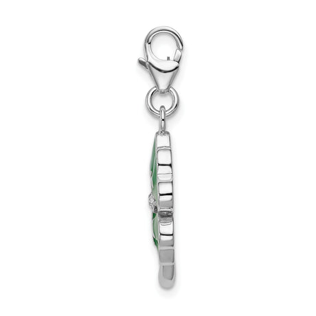 Sterling Silver Four Leaf Clover Charm with Cubic Zirconia, Green Enamel LOVE, Irish Lucky Symbol