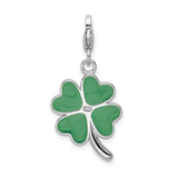 Sterling Silver Four Leaf Clover Charm with Cubic Zirconia, Green Enamel LOVE, Irish Lucky Symbol