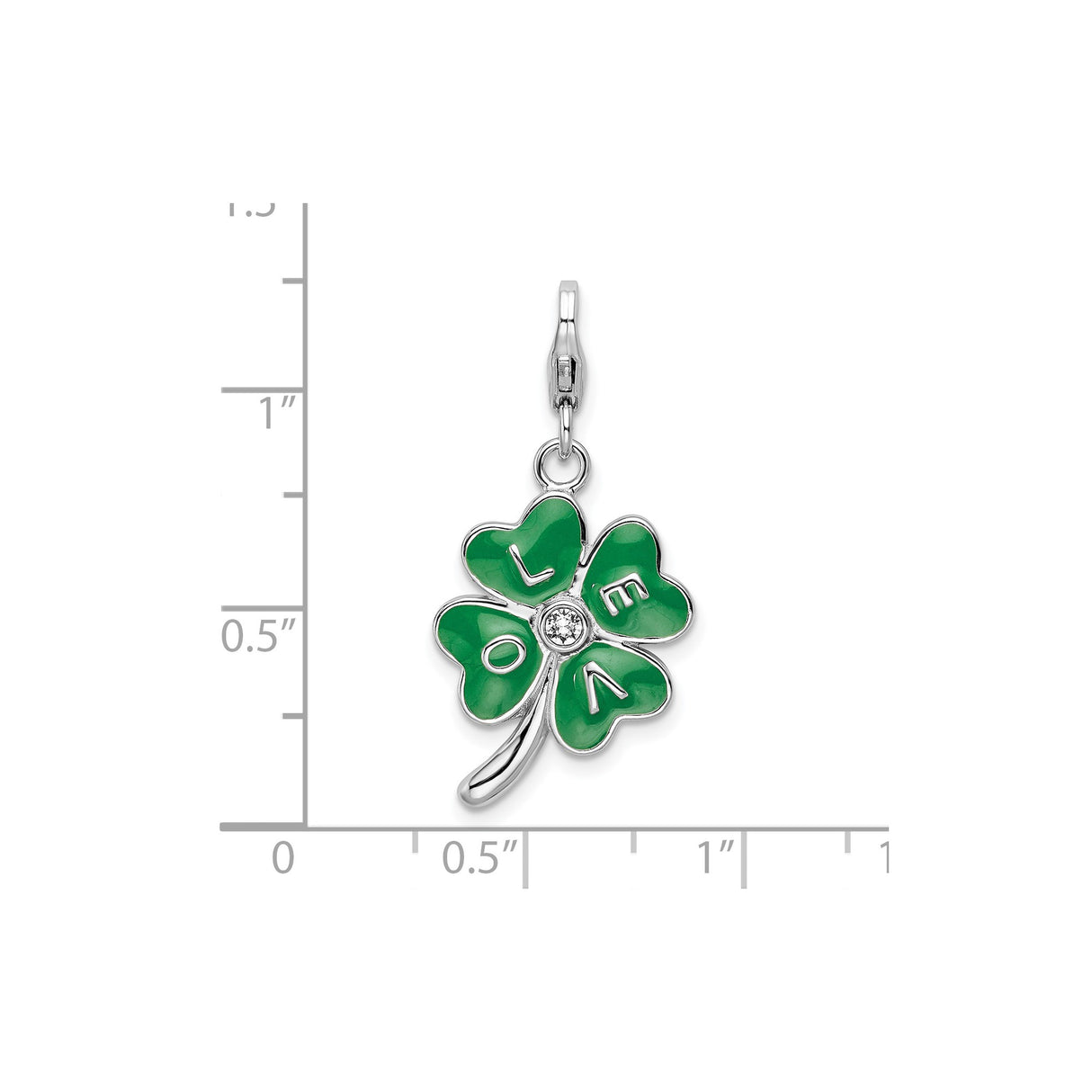 Sterling Silver Four Leaf Clover Charm with Cubic Zirconia, Green Enamel LOVE, Irish Lucky Symbol