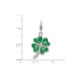 Sterling Silver Four Leaf Clover Charm with Cubic Zirconia, Green Enamel LOVE, Irish Lucky Symbol
