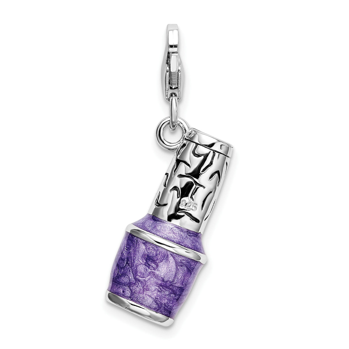 Sterling Silver Nail Polish Bottle Charm with Purple Enamel, Beauty Theme Jewelry for Women