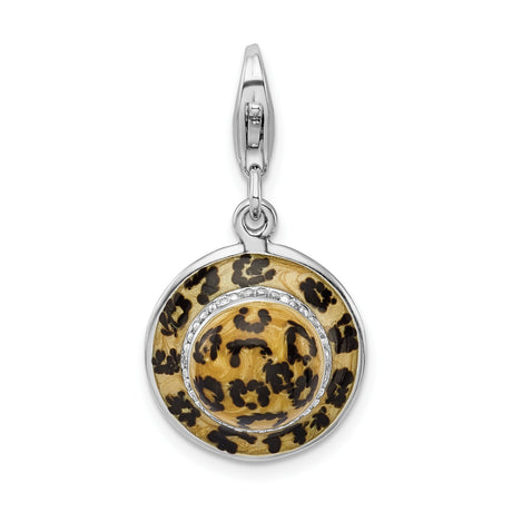Sterling Silver Leopard Enamel Pendant with Cubic Zirconia, Circular Animal Print Design