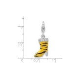 Sterling Silver Boot Charm with Cubic Zirconia, Yellow Enamel, Tiger Stripe Western Design
