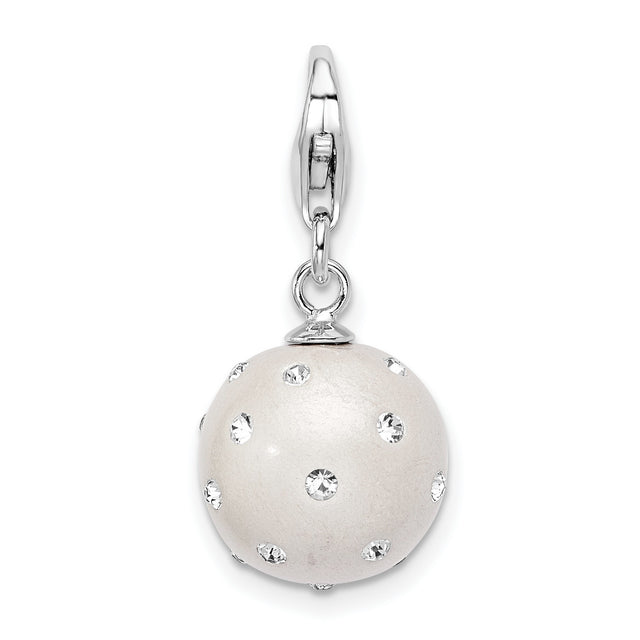 Sterling Silver Ball Charm Pendant with White Bead and Clear Crystal Accents