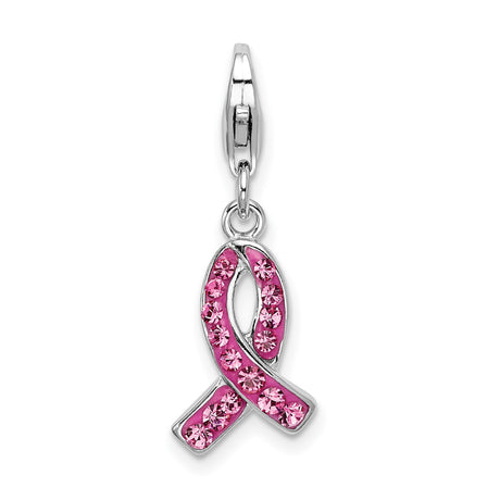 Sterling Silver Pendant Charm with Crystal Pink Ribbon, Breast Cancer Awareness Jewelry