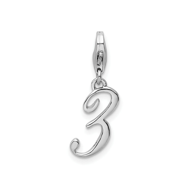 Sterling Silver Number 3 Charm Pendant, Script Numeral Design with Lobster Clasp