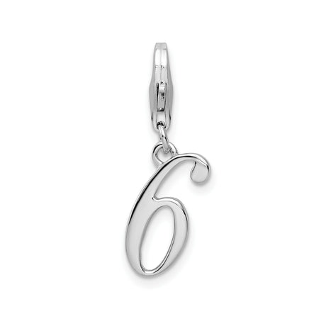 Sterling Silver Number 6 Charm Pendant, Polished Script Font with Lobster Clasp