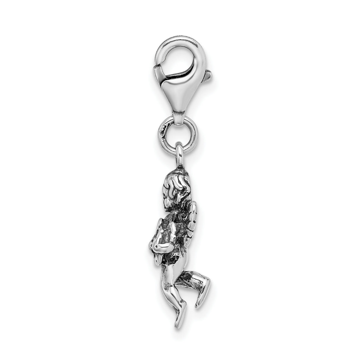 3-D Vintage Angel With Harp Clip-On Charm Pendant in Real 925 Sterling Silver