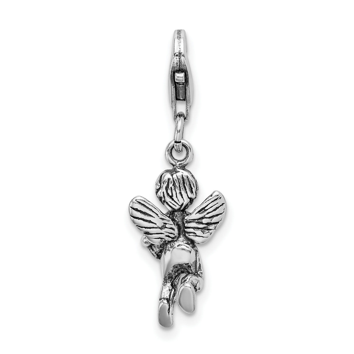 3-D Vintage Angel With Harp Clip-On Charm Pendant in Real 925 Sterling Silver