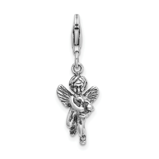 3-D Vintage Angel With Harp Clip-On Charm Pendant in Real 925 Sterling Silver