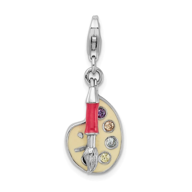 CZ Artist Palette With Brush Clip-On Charm Pendant in Real 925 Sterling Silver