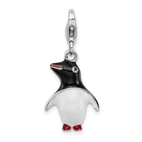 Sterling Silver Penguin Charm Pendant with Black, White, and Red Enamel, Clip-On Animal Jewelry