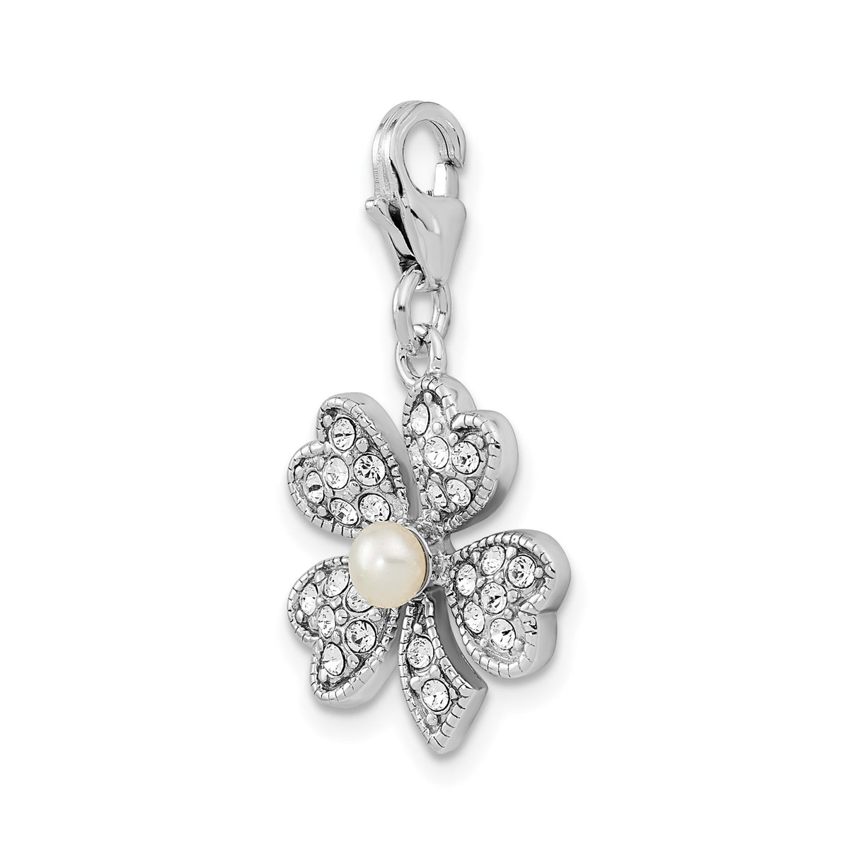 Sterling Silver Four Leaf Clover Pendant with Pearl and Crystal Accents, Lucky Charm Jewelry