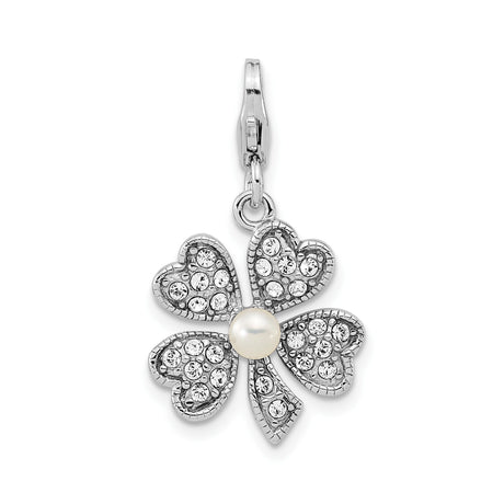 Sterling Silver Four Leaf Clover Pendant with Pearl and Crystal Accents, Lucky Charm Jewelry