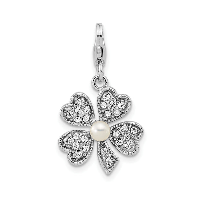 Sterling Silver Four Leaf Clover Pendant with Pearl and Crystal Accents, Lucky Charm Jewelry