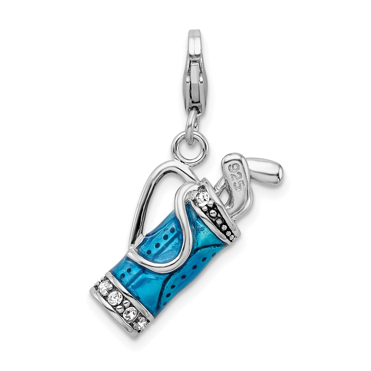 Sterling Silver Golf Bag Pendant Charm with Blue Enamel and Crystal Accents, Sports Theme
