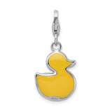 Sterling Silver Duck Charm with Yellow Enamel, 3D Rubber Duck Clip-On Pendant