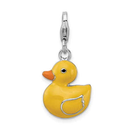 Sterling Silver Duck Charm with Yellow Enamel, 3D Rubber Duck Clip-On Pendant