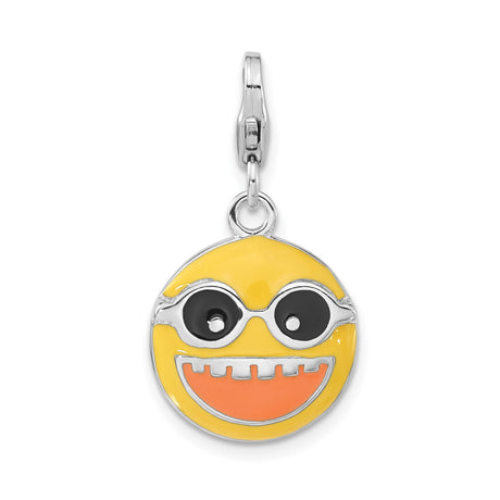Sterling Silver Charm, Smiling Face with Sunglasses Emoji, Colorful Enamel Pendant