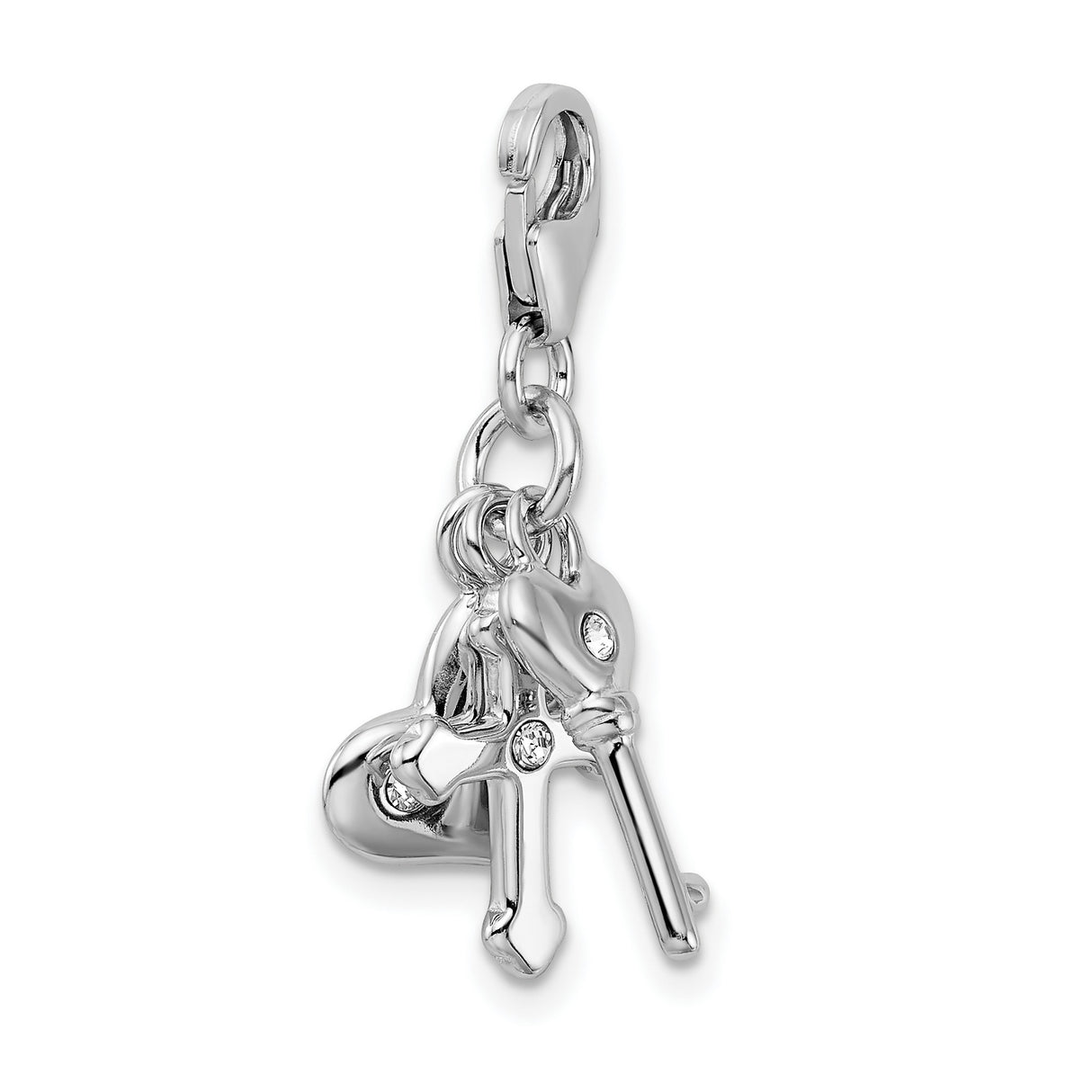 Heart Cross And Key Clip-On Charm Pendant in Real 925 Sterling Silver