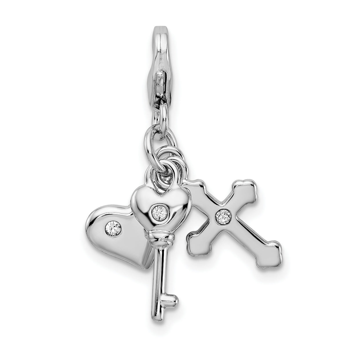 Heart Cross And Key Clip-On Charm Pendant in Real 925 Sterling Silver