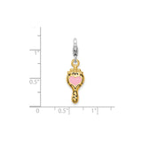 Sterling Silver Mirror Charm Pendant with Pink Heart, Gold Accent and Black Enamel Detail