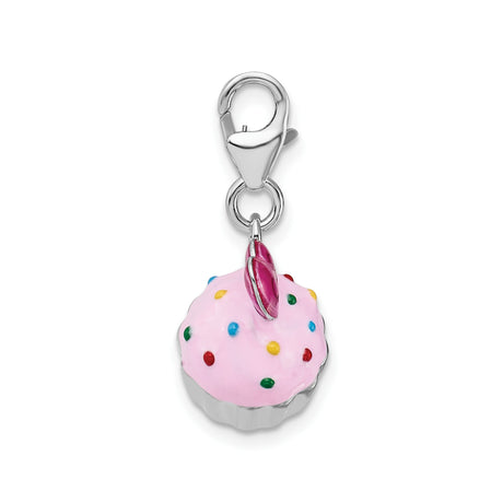 Sterling Silver Cupcake Charm with Pink Enamel Frosting and Heart Accent