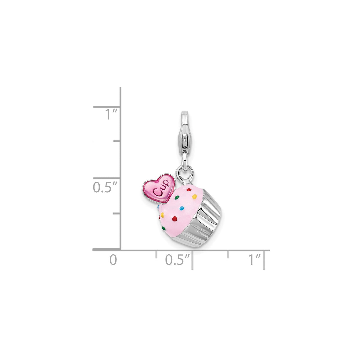 Sterling Silver Cupcake Charm with Pink Enamel Frosting and Heart Accent
