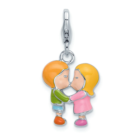 Sterling Silver Charm Pendant, Enamel Kissing Boy and Girl, Romantic Couple Symbol Jewelry