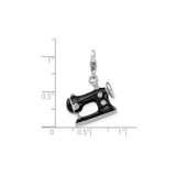 Sterling Silver Sewing Machine Charm Pendant with Black Enamel and Clear Crystal Accents