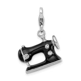 Sterling Silver Sewing Machine Charm Pendant with Black Enamel and Clear Crystal Accents