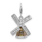 Sterling Silver Windmill Charm Pendant with Clear Crystals and Gold Tone Accents