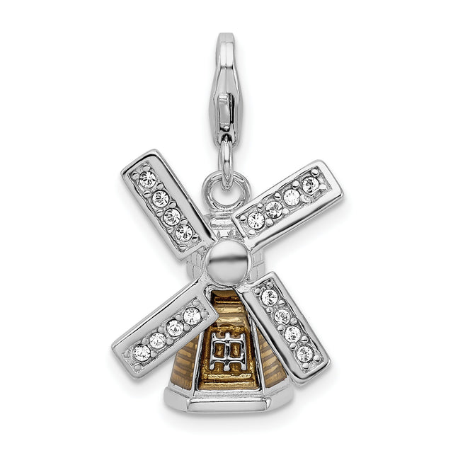 Sterling Silver Windmill Charm Pendant with Clear Crystals and Gold Tone Accents