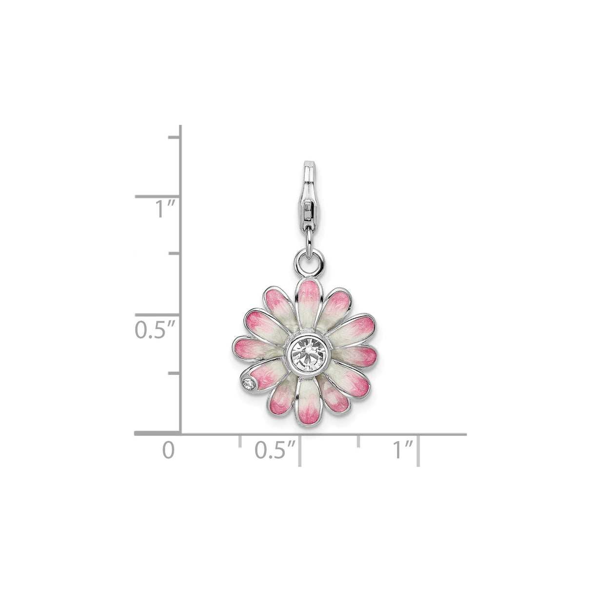 Sterling Silver Flower Charm Pendant with Pink and White Enamel and Cubic Zirconia