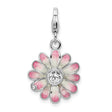 Sterling Silver Flower Charm Pendant with Pink and White Enamel and Cubic Zirconia
