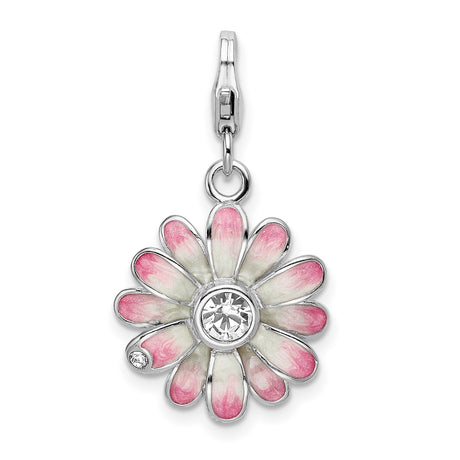Sterling Silver Flower Charm Pendant with Pink and White Enamel and Cubic Zirconia