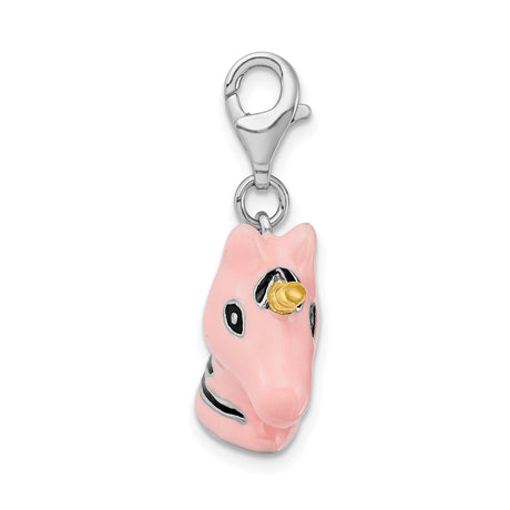 Sterling Silver Unicorn Charm Pendant with Pink Enamel and Gold Horn, Whimsical Fantasy Jewelry