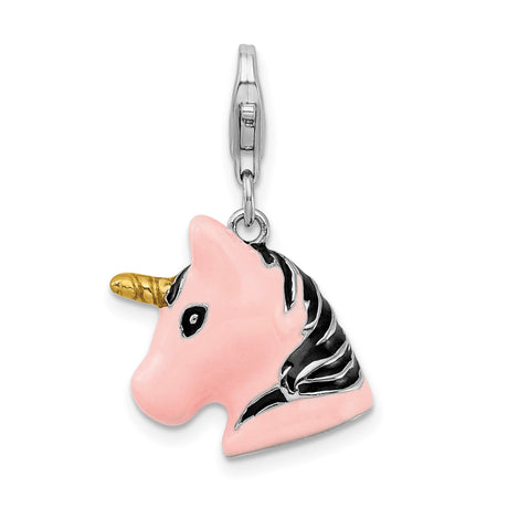 Sterling Silver Unicorn Charm Pendant with Pink Enamel and Gold Horn, Whimsical Fantasy Jewelry