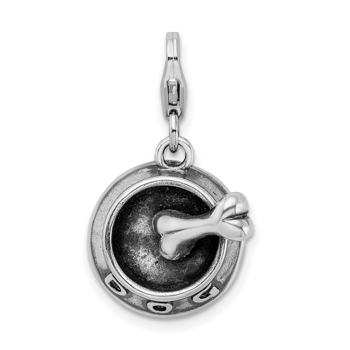 Sterling Silver Dog Bowl Charm Pendant with Bone and Paw Print Accents