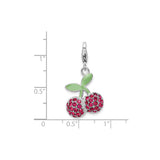 Sterling Silver Cherry Charm Pendant with Red Crystals and Green Enamel Leaves