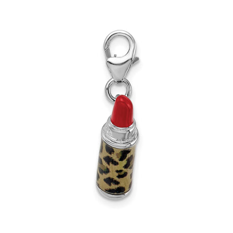 Sterling Silver Lipstick Charm with Red Enamel and Leopard Print, 3D Pendant with Lobster Clasp